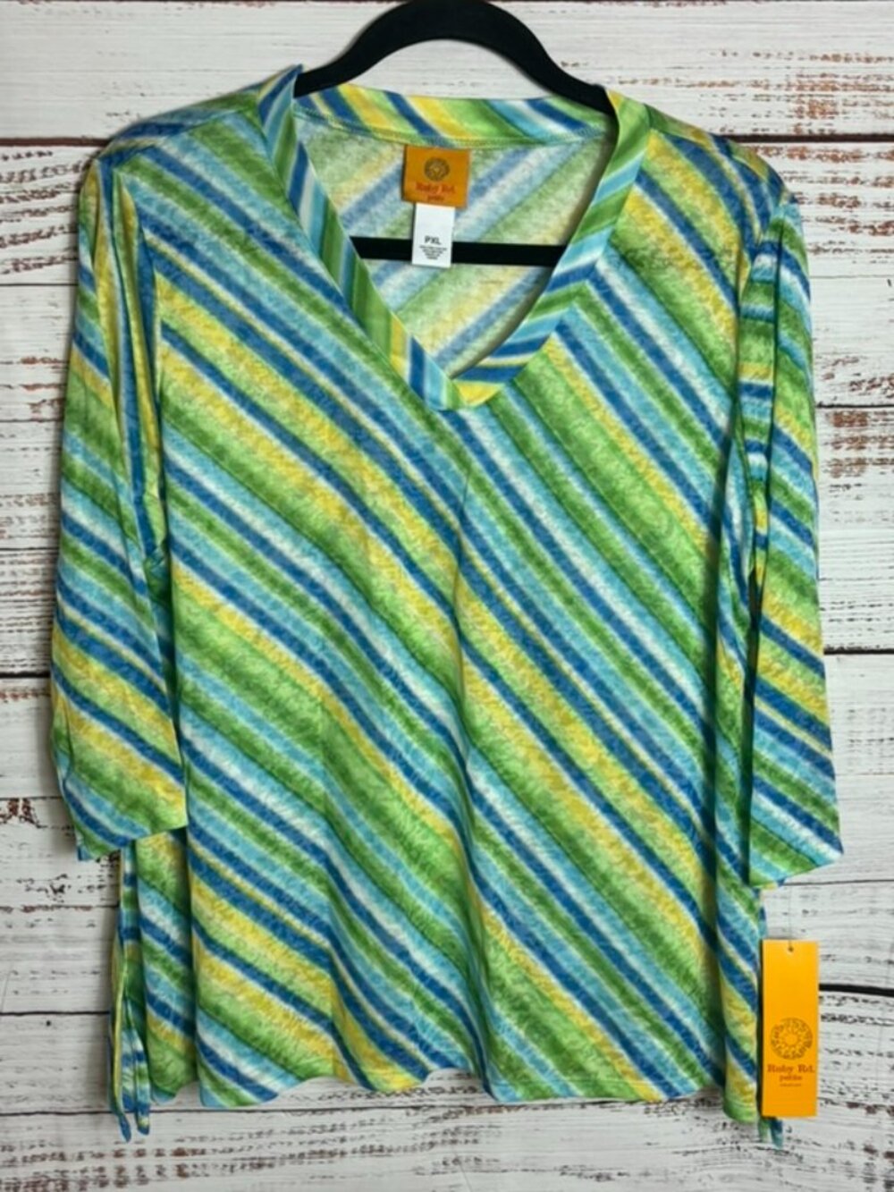 NWT Ruby Rd. Petitie 3/4 sleeve women’s top yellow green blue size PXL